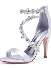 billige Cocktail-marineblå sateng-stiletthæler for kvinner med rhinestone-pynt - elegante bryllupssko for formelle anledninger og cocktailbegivenheter