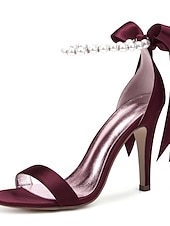 preiswerte Cocktail-Marineblaue Satin-High-Heel-Sandalen für Damen – Perlen-Stiletto-Absätze mit Knöchelriemen und Schleife für Hochzeiten, elegante Cocktailpartys und besondere Anlässe
