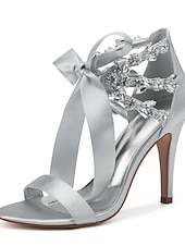 cheap Wedding Guest-Women's Royal Blue Satin High Heel Sandals – Rhinestone Embellished with Bow Tie Design for Weddings or Formal Events