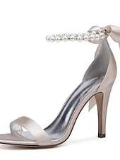 preiswerte Cocktail-Marineblaue Satin-High-Heel-Sandalen für Damen – Perlen-Stiletto-Absätze mit Knöchelriemen und Schleife für Hochzeiten, elegante Cocktailpartys und besondere Anlässe