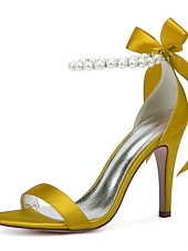 preiswerte Cocktail-Marineblaue Satin-High-Heel-Sandalen für Damen – Perlen-Stiletto-Absätze mit Knöchelriemen und Schleife für Hochzeiten, elegante Cocktailpartys und besondere Anlässe