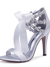 cheap Wedding Guest-Women's Royal Blue Satin High Heel Sandals – Rhinestone Embellished with Bow Tie Design for Weddings or Formal Events