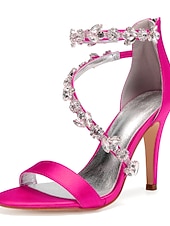 billige Cocktail-marineblå sateng-stiletthæler for kvinner med rhinestone-pynt - elegante bryllupssko for formelle anledninger og cocktailbegivenheter