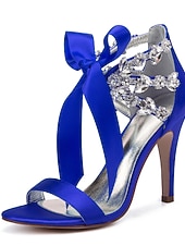 cheap Wedding Guest-Women's Royal Blue Satin High Heel Sandals – Rhinestone Embellished with Bow Tie Design for Weddings or Formal Events