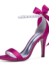 preiswerte Cocktail-Marineblaue Satin-High-Heel-Sandalen für Damen – Perlen-Stiletto-Absätze mit Knöchelriemen und Schleife für Hochzeiten, elegante Cocktailpartys und besondere Anlässe