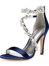 billige Cocktail-marineblå sateng-stiletthæler for kvinner med rhinestone-pynt - elegante bryllupssko for formelle anledninger og cocktailbegivenheter