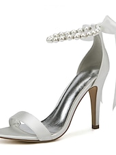 preiswerte Cocktail-Marineblaue Satin-High-Heel-Sandalen für Damen – Perlen-Stiletto-Absätze mit Knöchelriemen und Schleife für Hochzeiten, elegante Cocktailpartys und besondere Anlässe