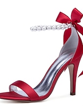 preiswerte Cocktail-Marineblaue Satin-High-Heel-Sandalen für Damen – Perlen-Stiletto-Absätze mit Knöchelriemen und Schleife für Hochzeiten, elegante Cocktailpartys und besondere Anlässe