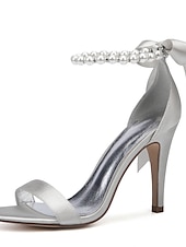 preiswerte Cocktail-Marineblaue Satin-High-Heel-Sandalen für Damen – Perlen-Stiletto-Absätze mit Knöchelriemen und Schleife für Hochzeiten, elegante Cocktailpartys und besondere Anlässe