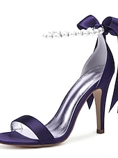 preiswerte Cocktail-Marineblaue Satin-High-Heel-Sandalen für Damen – Perlen-Stiletto-Absätze mit Knöchelriemen und Schleife für Hochzeiten, elegante Cocktailpartys und besondere Anlässe