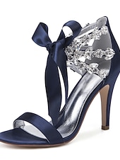 cheap Wedding Guest-Women's Royal Blue Satin High Heel Sandals – Rhinestone Embellished with Bow Tie Design for Weddings or Formal Events