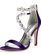billige Cocktail-marineblå sateng-stiletthæler for kvinner med rhinestone-pynt - elegante bryllupssko for formelle anledninger og cocktailbegivenheter