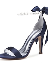 preiswerte Cocktail-Marineblaue Satin-High-Heel-Sandalen für Damen – Perlen-Stiletto-Absätze mit Knöchelriemen und Schleife für Hochzeiten, elegante Cocktailpartys und besondere Anlässe