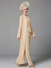 cheap Mom&#039;s Pant Suits-Beach Wedding Jumpsuit / Pantsuit 3 Piece Mother of the Bride  Formal Wedding Guest Elegant Plus Size Wrap Included Bateau Neck Floor Length Chiffon Long Sleeve Wrap Included with Beading