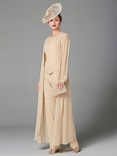 cheap Mom&#039;s Pant Suits-Beach Wedding Jumpsuit / Pantsuit 3 Piece Mother of the Bride  Formal Wedding Guest Elegant Plus Size Wrap Included Bateau Neck Floor Length Chiffon Long Sleeve Wrap Included with Beading