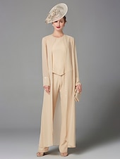 cheap Mom&#039;s Pant Suits-Beach Wedding Jumpsuit / Pantsuit 3 Piece Mother of the Bride  Formal Wedding Guest Elegant Plus Size Wrap Included Bateau Neck Floor Length Chiffon Long Sleeve Wrap Included with Beading