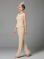 cheap Mom&#039;s Pant Suits-Beach Wedding Jumpsuit / Pantsuit 3 Piece Mother of the Bride  Formal Wedding Guest Elegant Plus Size Wrap Included Bateau Neck Floor Length Chiffon Long Sleeve Wrap Included with Beading