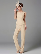 cheap Mom&#039;s Pant Suits-Beach Wedding Jumpsuit / Pantsuit 3 Piece Mother of the Bride  Formal Wedding Guest Elegant Plus Size Wrap Included Bateau Neck Floor Length Chiffon Long Sleeve Wrap Included with Beading