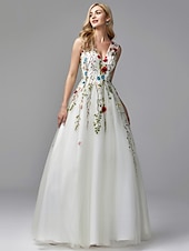cheap WHITE-Beach Wedding A-Line Special Occasion Dresses Floral Dress Valentine&#039;s Day Wedding Guest Floor Length Sleeveless V Neck Lace with Embroidery Appliques dress to impress