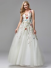 cheap WHITE-Beach Wedding A-Line Special Occasion Dresses Floral Dress Valentine&#039;s Day Wedding Guest Floor Length Sleeveless V Neck Lace with Embroidery Appliques dress to impress