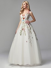 cheap WHITE-Beach Wedding A-Line Special Occasion Dresses Floral Dress Valentine&#039;s Day Wedding Guest Floor Length Sleeveless V Neck Lace with Embroidery Appliques dress to impress