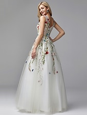 cheap WHITE-Beach Wedding A-Line Special Occasion Dresses Floral Dress Valentine&#039;s Day Wedding Guest Floor Length Sleeveless V Neck Lace with Embroidery Appliques dress to impress