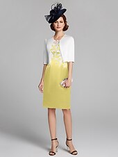 cheap With Jacket-Sheath / Column Mother of the Bride Dress Wrap Included Jewel Neck Knee Length Satin Lace Sleeveless with Appliques 2023