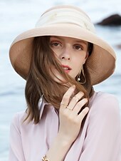 cheap Party Hats-Hats Polyester Tulle Straw Hat Sun Hat Casual Beach Vintage With Crystals Headpiece Headwear