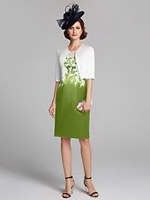 cheap With Jacket-Sheath / Column Mother of the Bride Dress Wrap Included Jewel Neck Knee Length Satin Lace Sleeveless with Appliques 2023