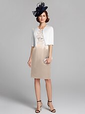 cheap With Jacket-Sheath / Column Mother of the Bride Dress Wrap Included Jewel Neck Knee Length Satin Lace Sleeveless with Appliques 2023