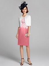 cheap With Jacket-Sheath / Column Mother of the Bride Dress Wrap Included Jewel Neck Knee Length Satin Lace Sleeveless with Appliques 2023