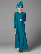 cheap Mom&#039;s Pant Suits-Beach Wedding Jumpsuit / Pantsuit 3 Piece Mother of the Bride  Formal Wedding Guest Elegant Plus Size Wrap Included Bateau Neck Floor Length Chiffon Long Sleeve Wrap Included with Beading