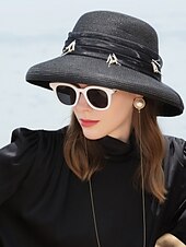 cheap Party Hats-Hats Polyester Tulle Straw Hat Sun Hat Casual Beach Vintage With Crystals Headpiece Headwear