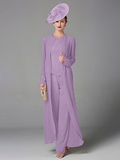 cheap Mom&#039;s Pant Suits-Beach Wedding Jumpsuit / Pantsuit 3 Piece Mother of the Bride  Formal Wedding Guest Elegant Plus Size Wrap Included Bateau Neck Floor Length Chiffon Long Sleeve Wrap Included with Beading