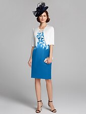 cheap With Jacket-Sheath / Column Mother of the Bride Dress Wrap Included Jewel Neck Knee Length Satin Lace Sleeveless with Appliques 2023