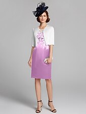 cheap With Jacket-Sheath / Column Mother of the Bride Dress Wrap Included Jewel Neck Knee Length Satin Lace Sleeveless with Appliques 2023