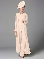 cheap Mom&#039;s Pant Suits-Beach Wedding Jumpsuit / Pantsuit 3 Piece Mother of the Bride  Formal Wedding Guest Elegant Plus Size Wrap Included Bateau Neck Floor Length Chiffon Long Sleeve Wrap Included with Beading
