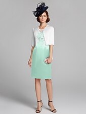 cheap With Jacket-Sheath / Column Mother of the Bride Dress Wrap Included Jewel Neck Knee Length Satin Lace Sleeveless with Appliques 2023