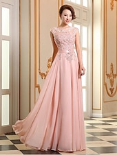 preiswerte Ballkleid-A-Linien Abendkleid elegantes Kleid Hochzeitsgast Abiball bodenlang ärmellos Illusionshals Brautjungfernkleid Georgette mit Applikationen