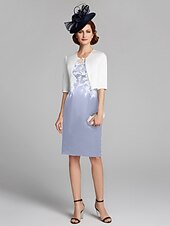 cheap With Jacket-Sheath / Column Mother of the Bride Dress Wrap Included Jewel Neck Knee Length Satin Lace Sleeveless with Appliques 2023