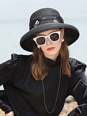 cheap Party Hats-Hats Polyester Tulle Straw Hat Sun Hat Casual Beach Vintage With Crystals Headpiece Headwear