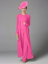 cheap Mom&#039;s Pant Suits-Beach Wedding Jumpsuit / Pantsuit 3 Piece Mother of the Bride  Formal Wedding Guest Elegant Plus Size Wrap Included Bateau Neck Floor Length Chiffon Long Sleeve Wrap Included with Beading