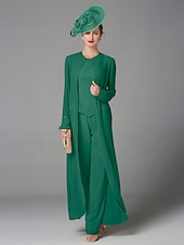 cheap Mom&#039;s Pant Suits-Beach Wedding Jumpsuit / Pantsuit 3 Piece Mother of the Bride  Formal Wedding Guest Elegant Plus Size Wrap Included Bateau Neck Floor Length Chiffon Long Sleeve Wrap Included with Beading