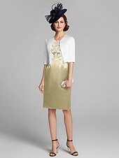 cheap With Jacket-Sheath / Column Mother of the Bride Dress Wrap Included Jewel Neck Knee Length Satin Lace Sleeveless with Appliques 2023