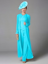 cheap Mom&#039;s Pant Suits-Beach Wedding Jumpsuit / Pantsuit 3 Piece Mother of the Bride  Formal Wedding Guest Elegant Plus Size Wrap Included Bateau Neck Floor Length Chiffon Long Sleeve Wrap Included with Beading