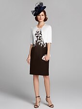 cheap With Jacket-Sheath / Column Mother of the Bride Dress Wrap Included Jewel Neck Knee Length Satin Lace Sleeveless with Appliques 2023