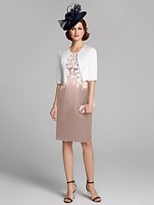 cheap With Jacket-Sheath / Column Mother of the Bride Dress Wrap Included Jewel Neck Knee Length Satin Lace Sleeveless with Appliques 2023