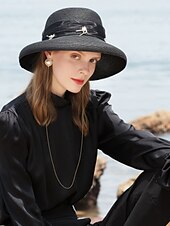 cheap Party Hats-Hats Polyester Tulle Straw Hat Sun Hat Casual Beach Vintage With Crystals Headpiece Headwear