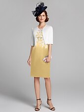 cheap With Jacket-Sheath / Column Mother of the Bride Dress Wrap Included Jewel Neck Knee Length Satin Lace Sleeveless with Appliques 2023