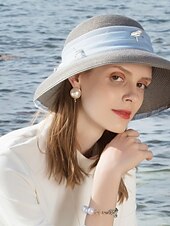 cheap Party Hats-Hats Polyester Tulle Straw Hat Sun Hat Casual Beach Vintage With Crystals Headpiece Headwear